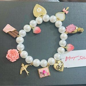 Betsey Johnson Pink Rose & Gold Pearl Charm Bracelet